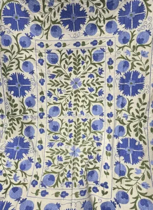 GUL COAT - Suzani Embroidered From Uzbekistan - BLUE ON WHITE - XL