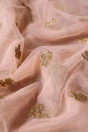 4.75 Meter Cut Piece Of Small Gold Sequins With Gold Zari Small Floral Embroidery On Peach Soft Net Fabric