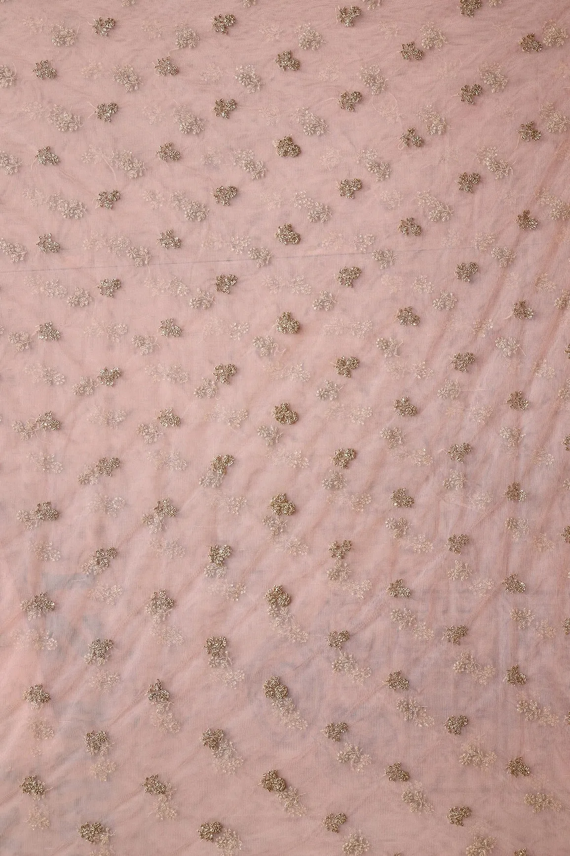 4.75 Meter Cut Piece Of Small Gold Sequins With Gold Zari Small Floral Embroidery On Peach Soft Net Fabric