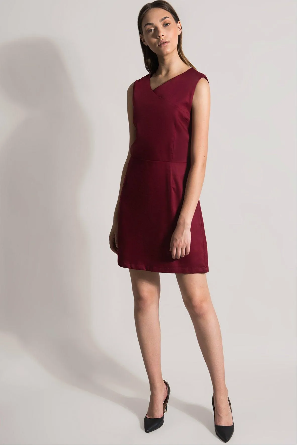 Asymmetric Collar Burgundy Dress