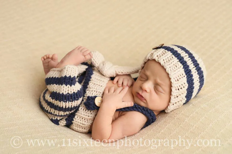 Beige and Denim Blue Newborn Knit Knot Hat and Overall Pants Set