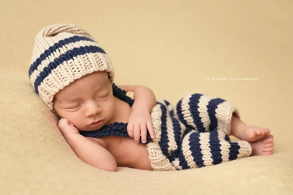 Beige and Denim Blue Newborn Knit Knot Hat and Overall Pants Set