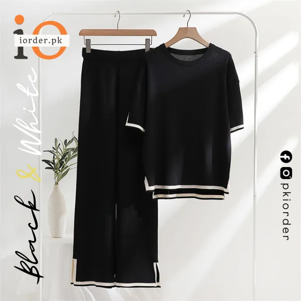 Black & White Slit Short Sleeve T-shirts and High Waist Wide Leg Pants