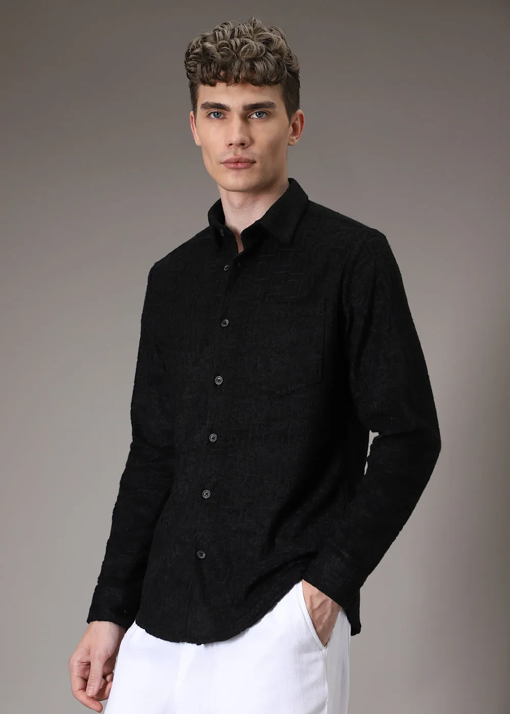 Black Jacquard Towelling Camp Shirt