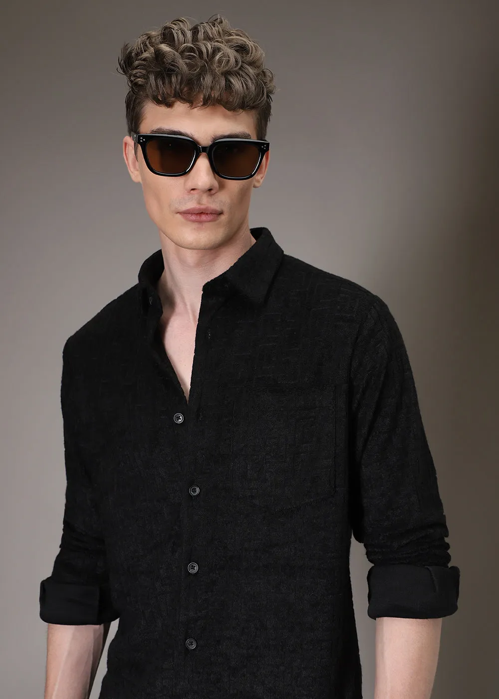 Black Jacquard Towelling Camp Shirt