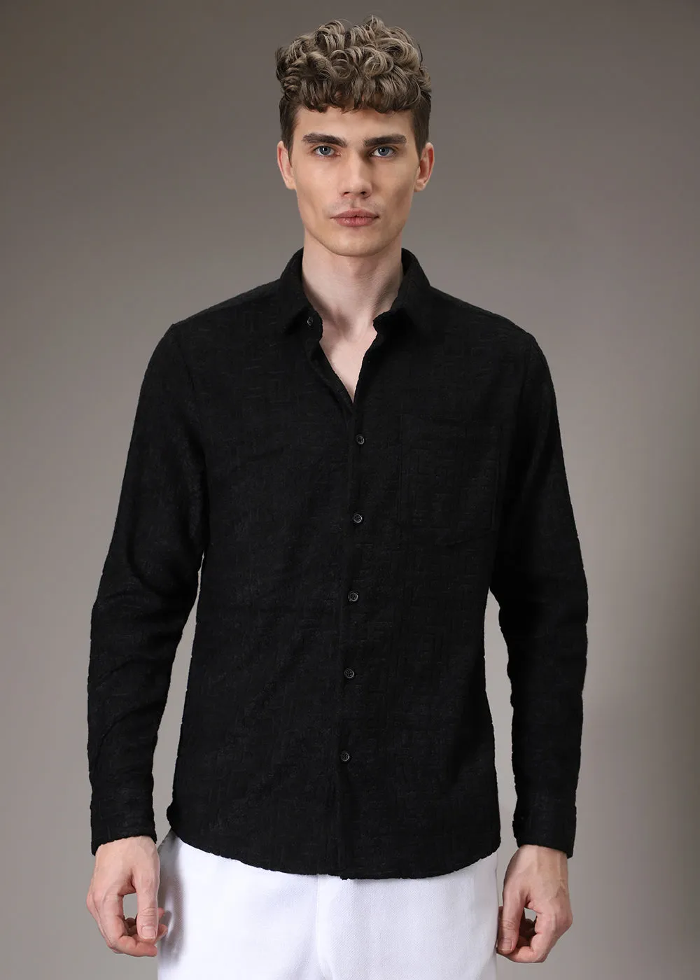 Black Jacquard Towelling Camp Shirt