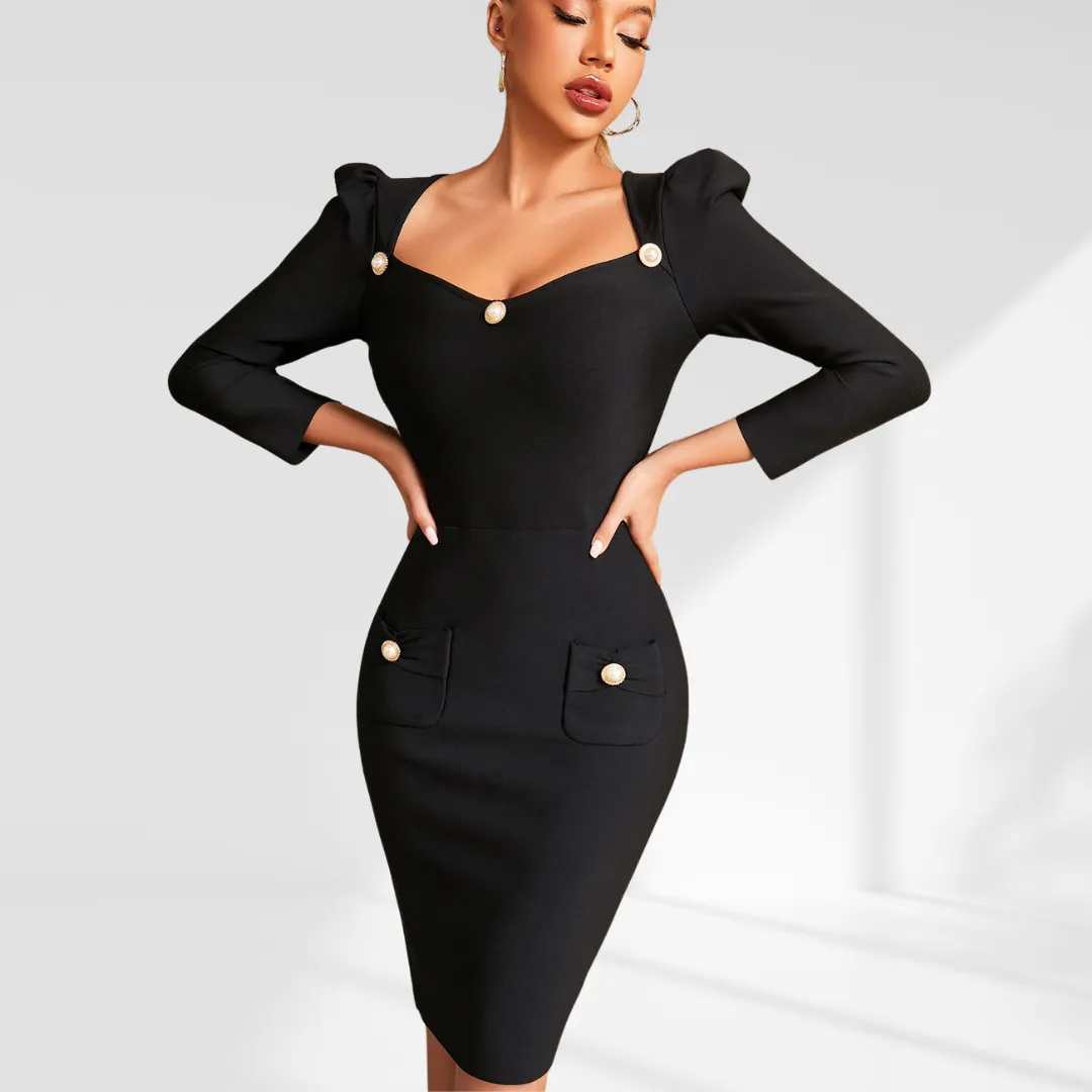 Black Midi Fitted Puff Sleeve Dress