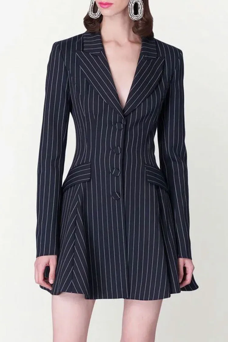 Classic Lapel Button Front Fit & Flare Striped Blazer Mini Dress - Navy Blue