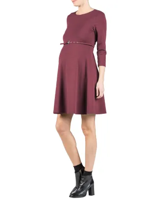 Flared Maternity  Dress with Belt - Bordeaux