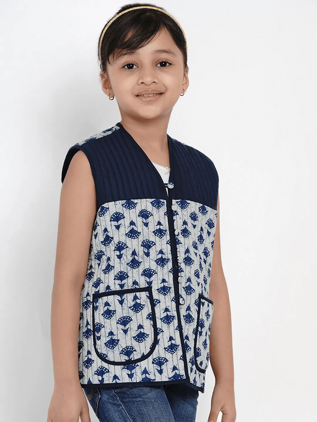 Girl's Blue Printed Tailored Jacket Top  - NOZ2TOZ KIDS