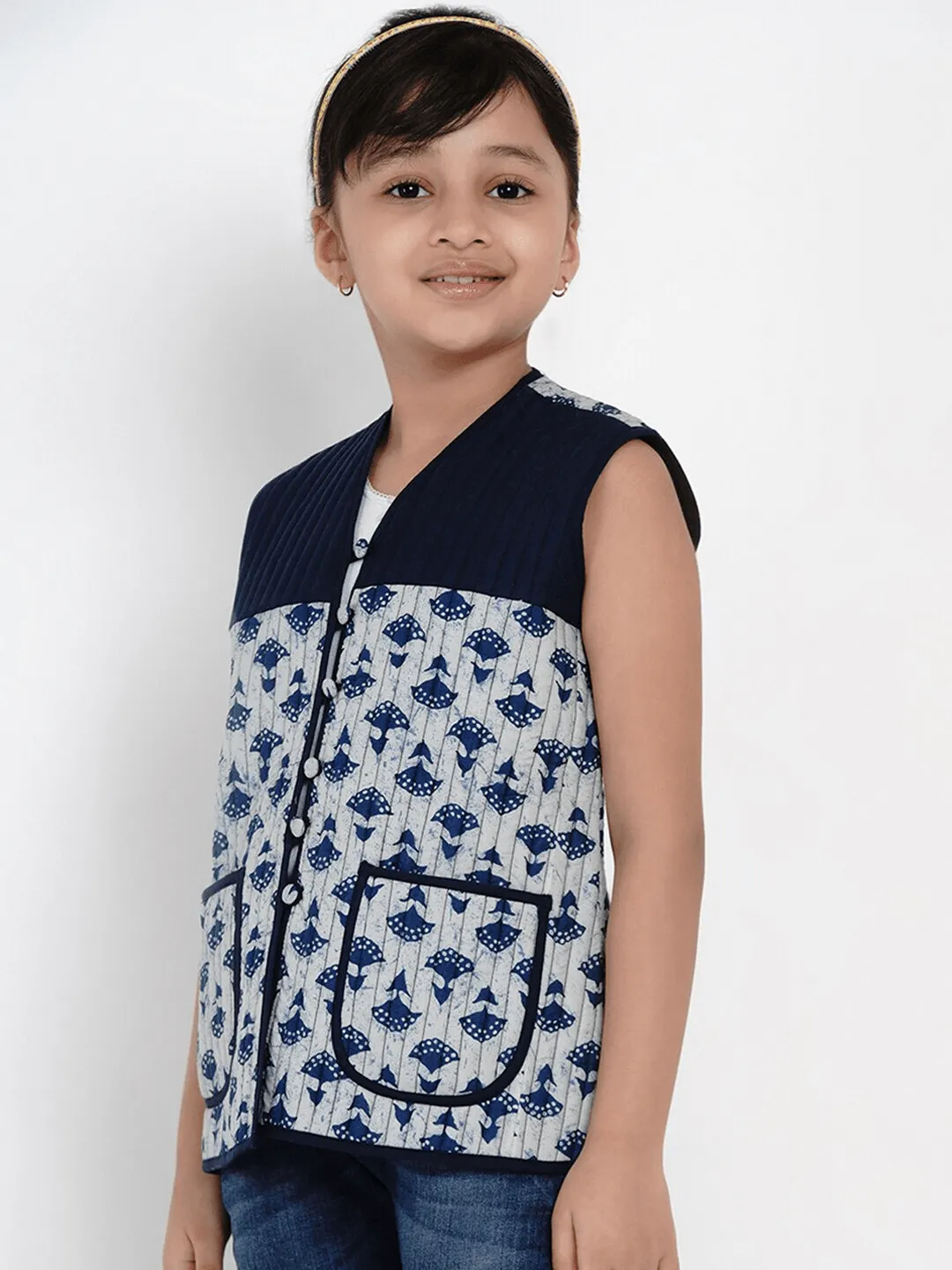 Girl's Blue Printed Tailored Jacket Top  - NOZ2TOZ KIDS