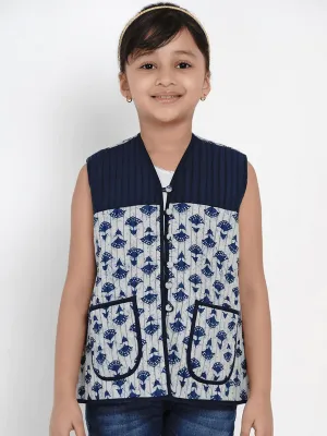 Girl's Blue Printed Tailored Jacket Top  - NOZ2TOZ KIDS