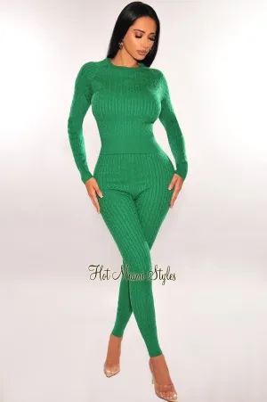 Green Cable Knit Round Neck Long Sleeve Pants Two Piece Set