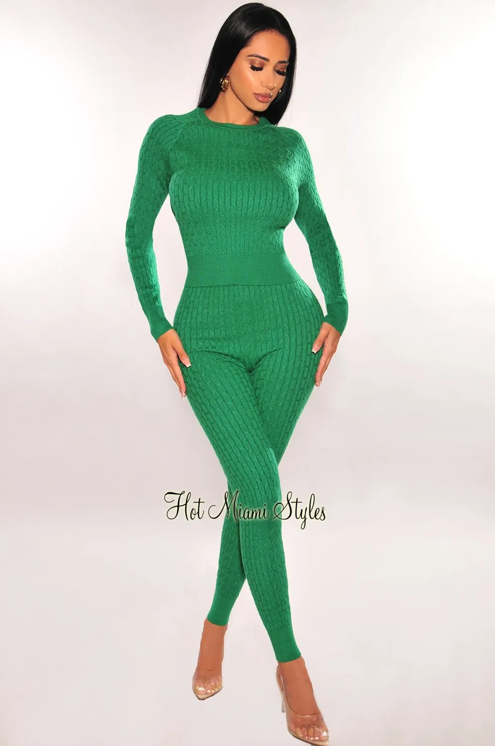 Green Cable Knit Round Neck Long Sleeve Pants Two Piece Set