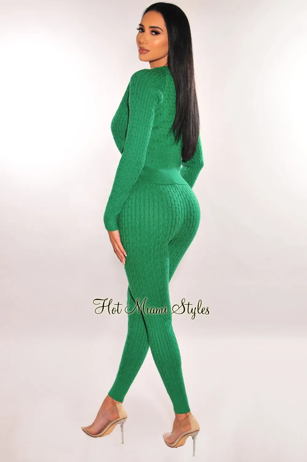 Green Cable Knit Round Neck Long Sleeve Pants Two Piece Set