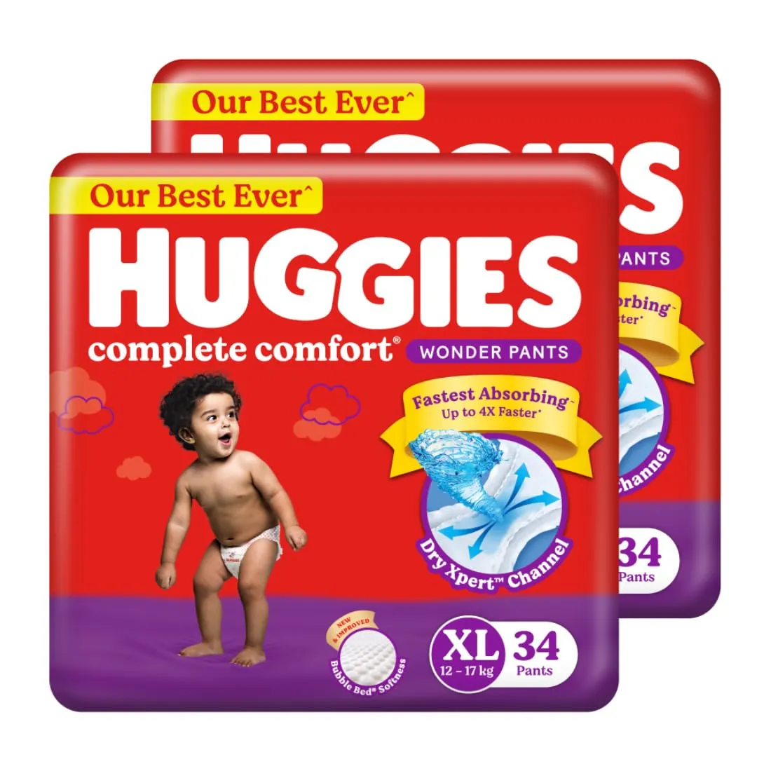 Huggies Complete Comfort Wonder Pants Extra Large (XL) Size (12-17 Kgs) Baby Diaper Pants, 68 count| India's Fastest Absorbing Diaper with upto 4x faster absorption | Unique Dry Xpert Channel