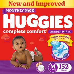 Huggies Complete Comfort Wonder Pants Medium (M) Size (7-12 Kgs) Baby Diaper Pants, 152 count| India's Fastest Absorbing Diaper with upto 4x faster absorption | Unique Dry Xpert Channel