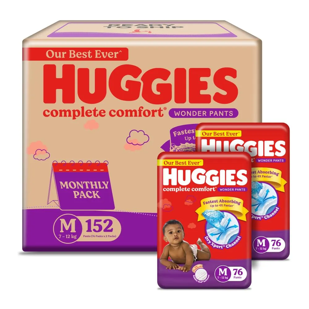 Huggies Complete Comfort Wonder Pants Medium (M) Size (7-12 Kgs) Baby Diaper Pants, 152 count| India's Fastest Absorbing Diaper with upto 4x faster absorption | Unique Dry Xpert Channel