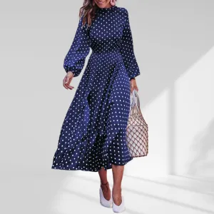 Lantern Sleeve Polka Dot Printed Midi Dress