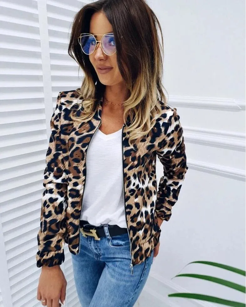 Leopard Pattern Loose Fitting Zipper Short Coats Jacket