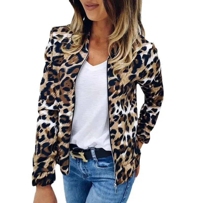 Leopard Pattern Loose Fitting Zipper Short Coats Jacket