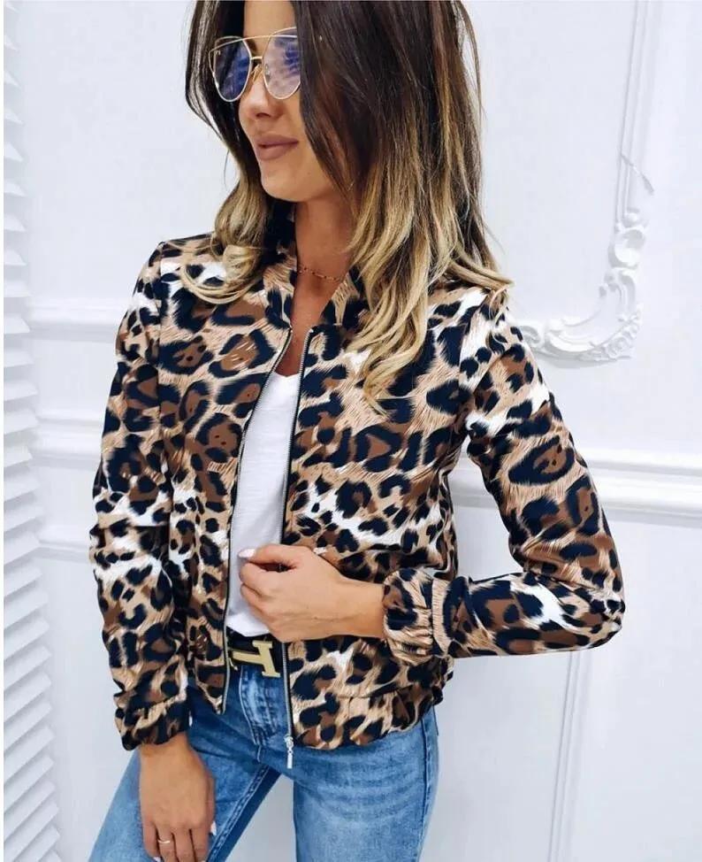 Leopard Pattern Loose Fitting Zipper Short Coats Jacket