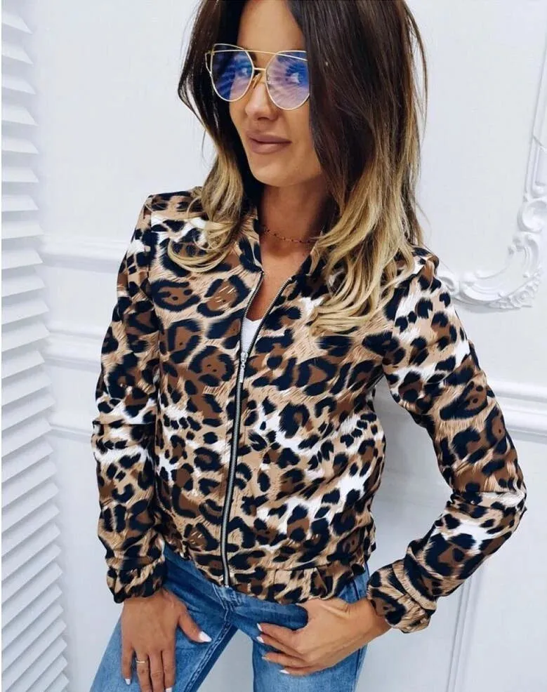 Leopard Pattern Loose Fitting Zipper Short Coats Jacket