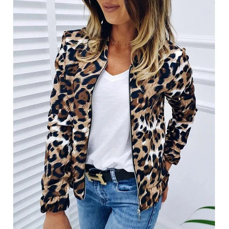 Leopard Pattern Loose Fitting Zipper Short Coats Jacket