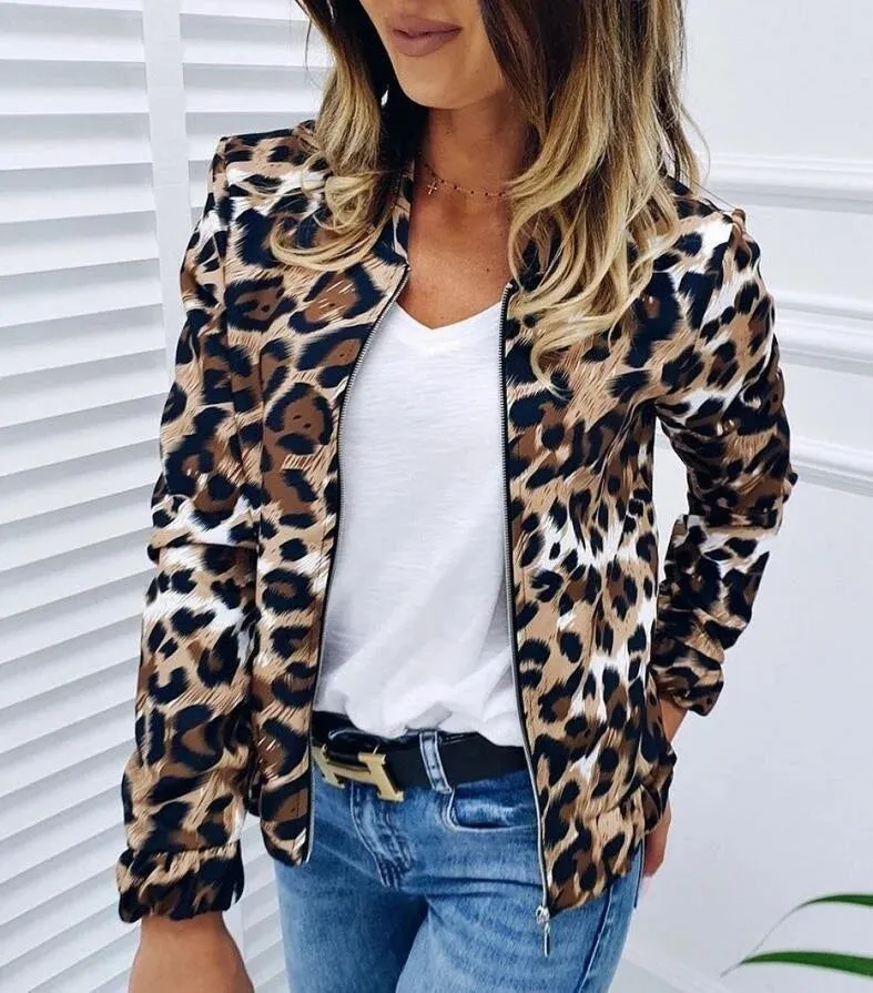 Leopard Pattern Loose Fitting Zipper Short Coats Jacket