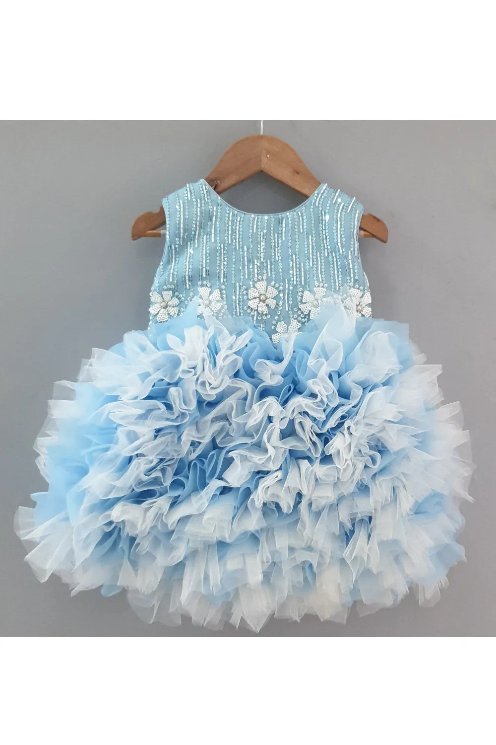 Light blue sequin and pearl work frilly dress