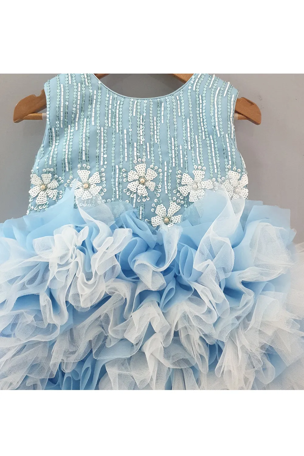 Light blue sequin and pearl work frilly dress