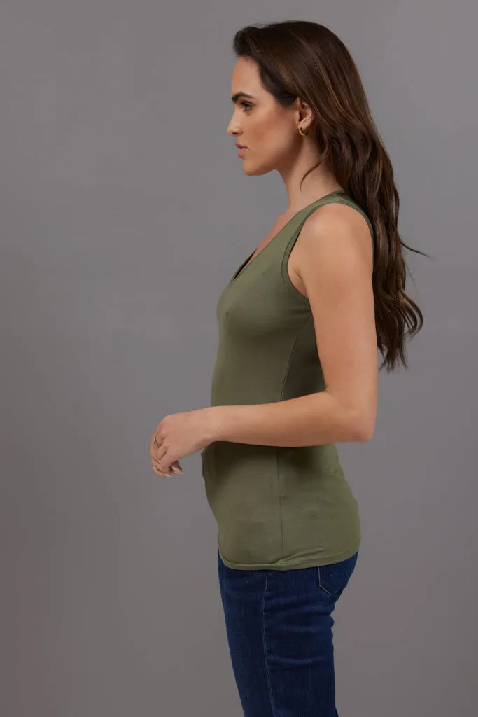 Majestic Sleeveless V Neck Tank in Khaki