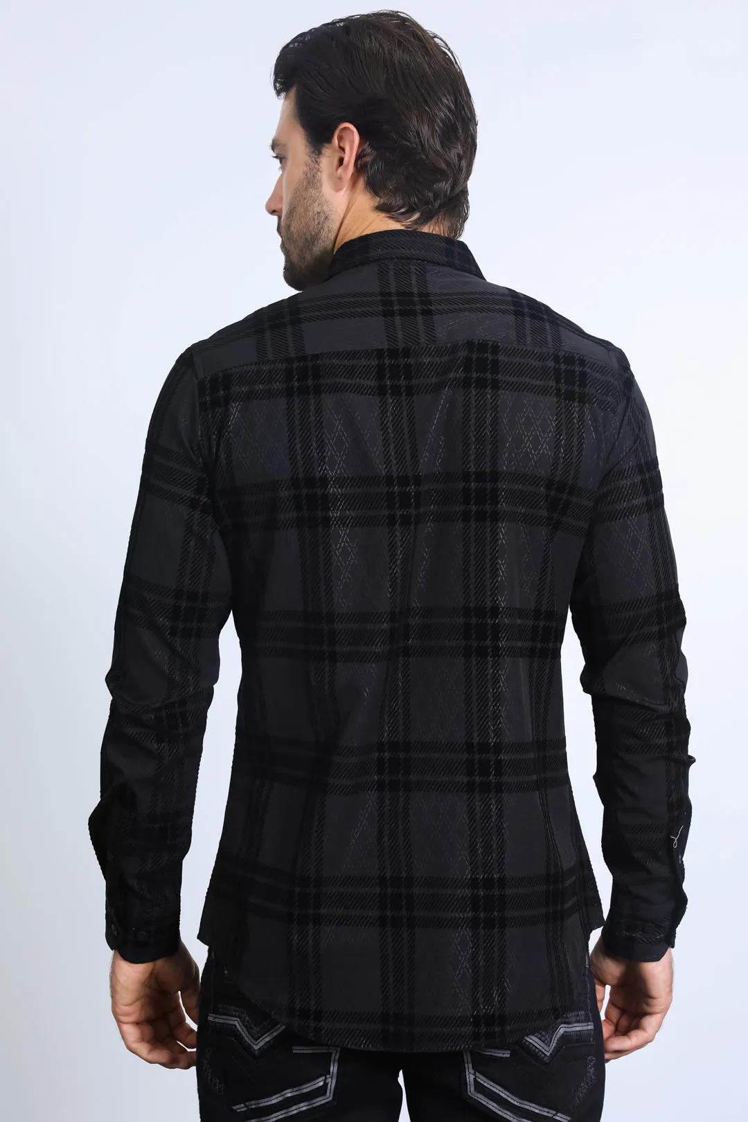 Men's Checkered Flocked Modern Fit Spandex Black Shirt