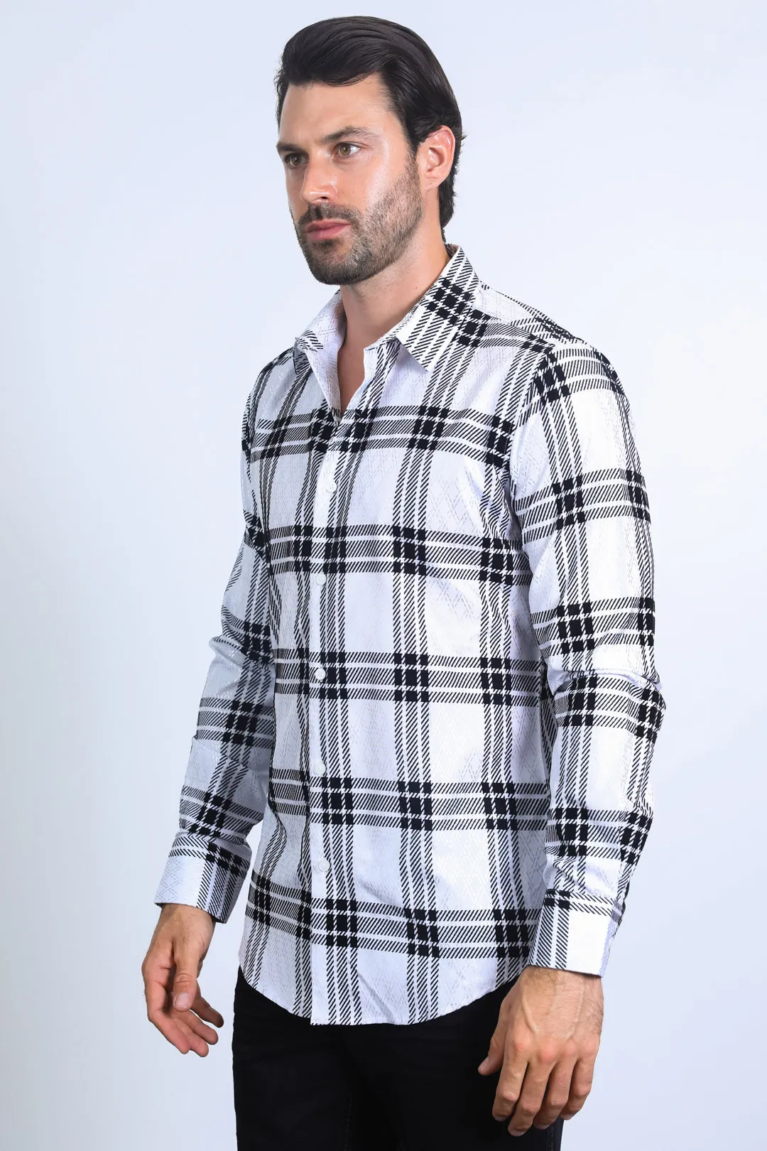 Men's Checkered Flocked Modern Fit Spandex White Shirt