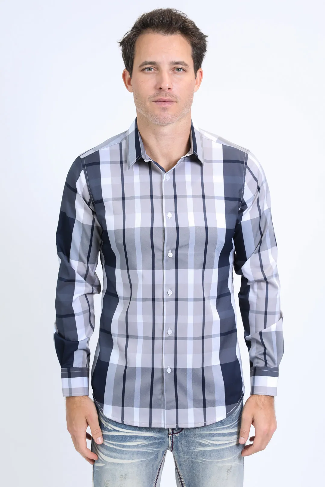 Mens Checkered Long Sleeve Grey Shirt