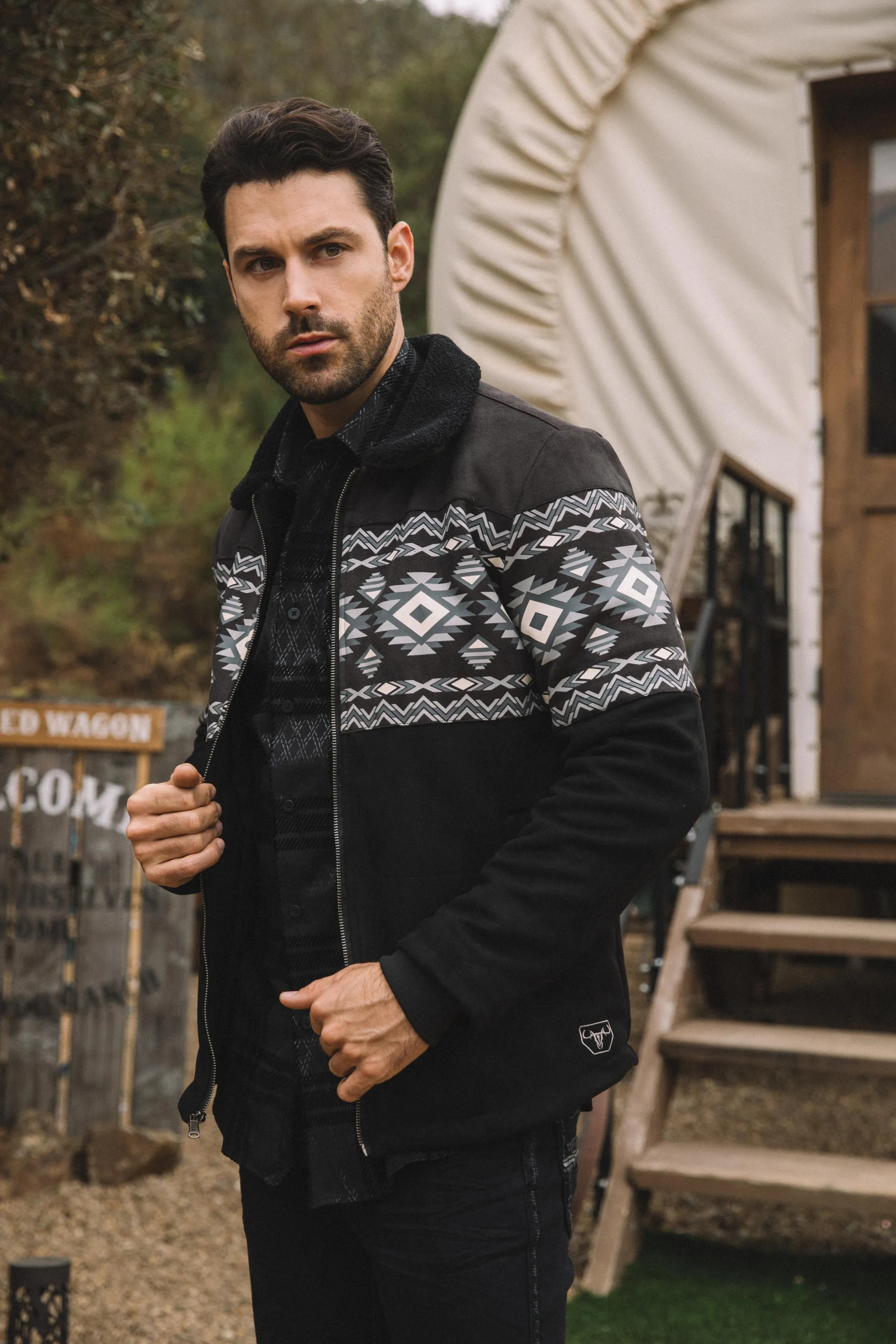 Mens Ethnic Aztec Fur Lined Quilted Suede Black Jacket