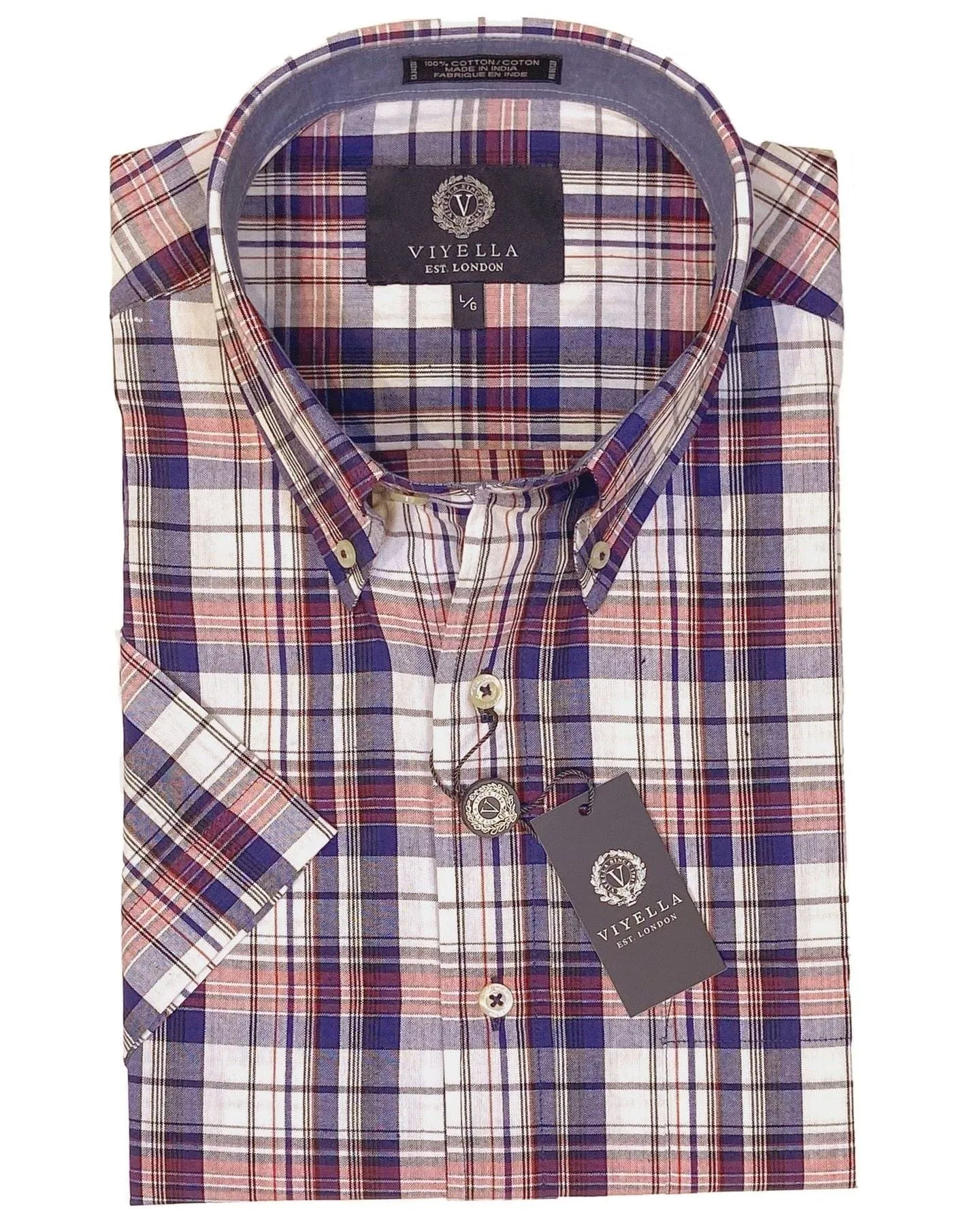 Men's Red White and Blue Plaid Madras Short-Sleeves Sport Shirts for Any Occasion