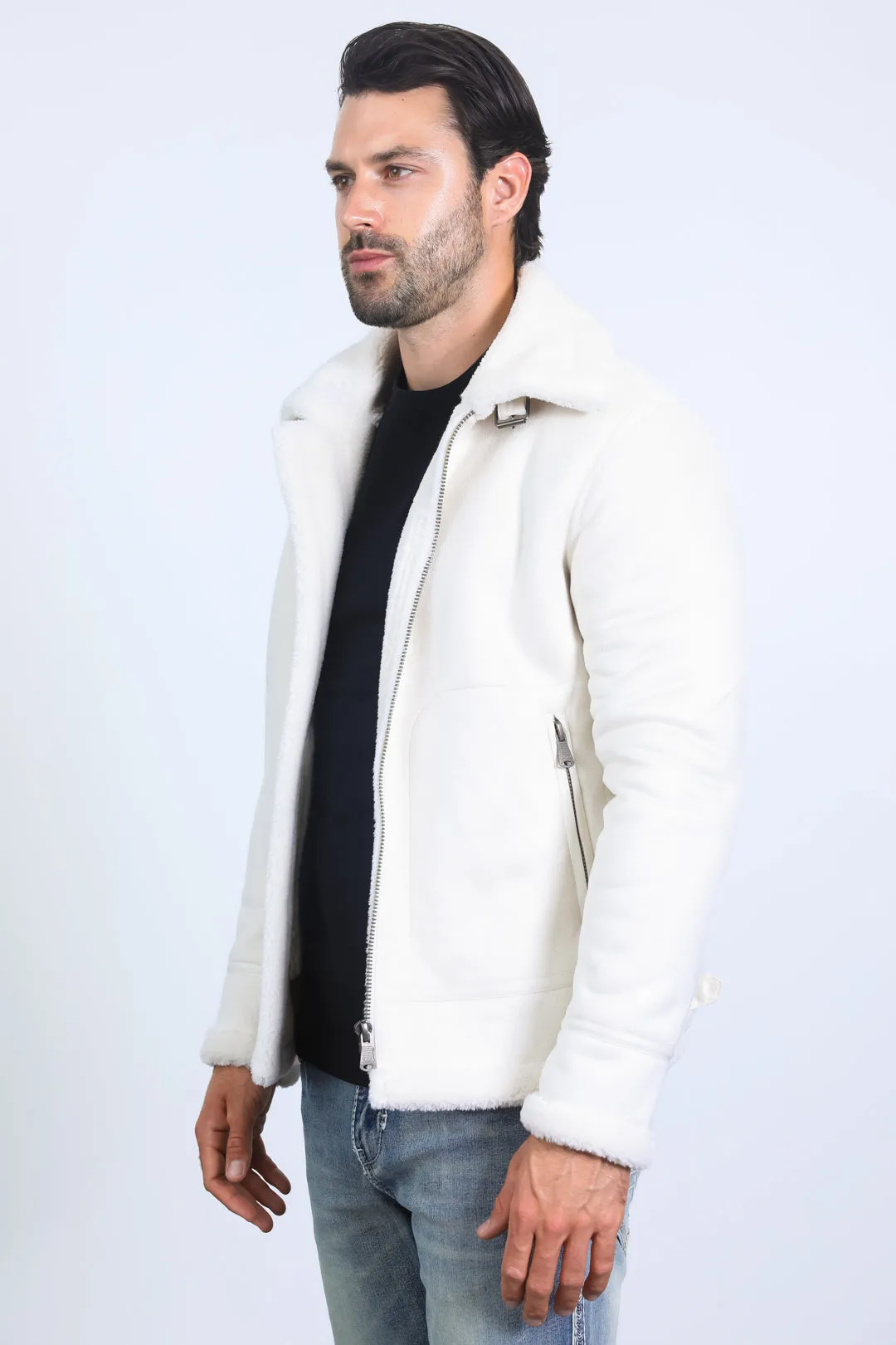 Men's Suede White Jacket w/ Faux Shearling-lined