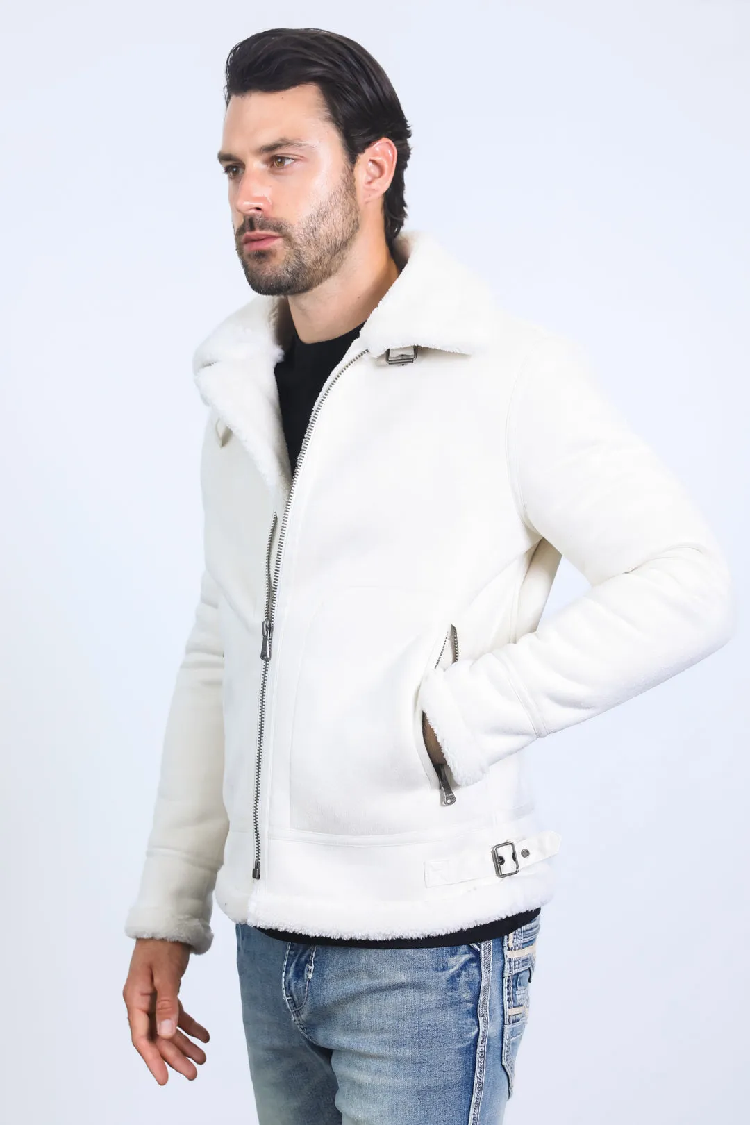 Men's Suede White Jacket w/ Faux Shearling-lined