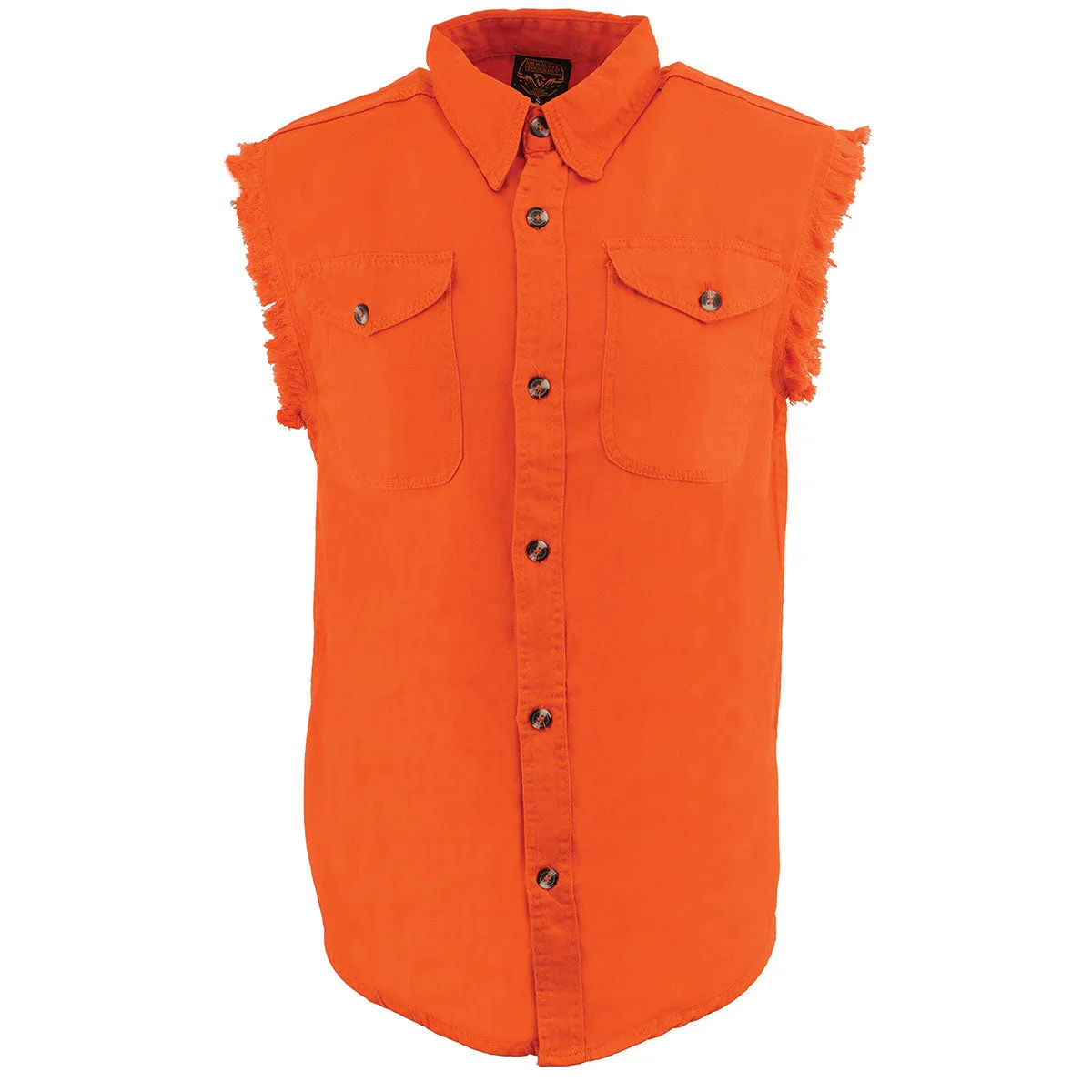 Milwaukee Leather DM1003 Men's Orange Lightweight Denim Shirt with Sleeveless Frayed Cut Off