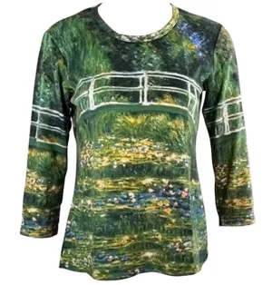 Monet - Bridge over Pool of Water Lilies 3/4 Sleeve Silk Screened ArtisticTop