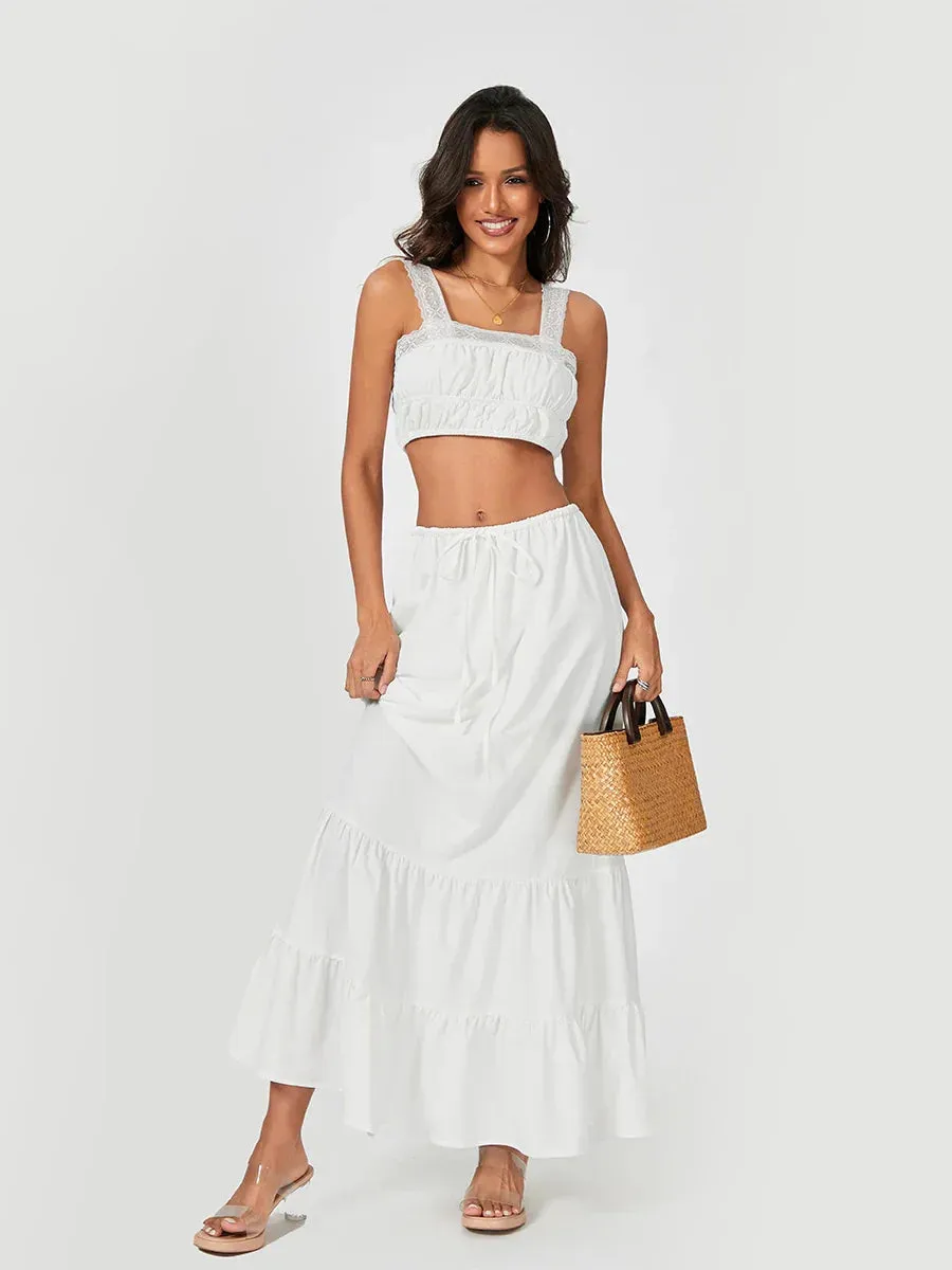 Patchwork Crop Tank Tops High Waist Tie-Up Long A-Line Skirt Set Streetwear Casual Lace Dress