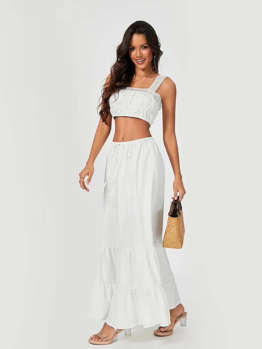 Patchwork Crop Tank Tops High Waist Tie-Up Long A-Line Skirt Set Streetwear Casual Lace Dress