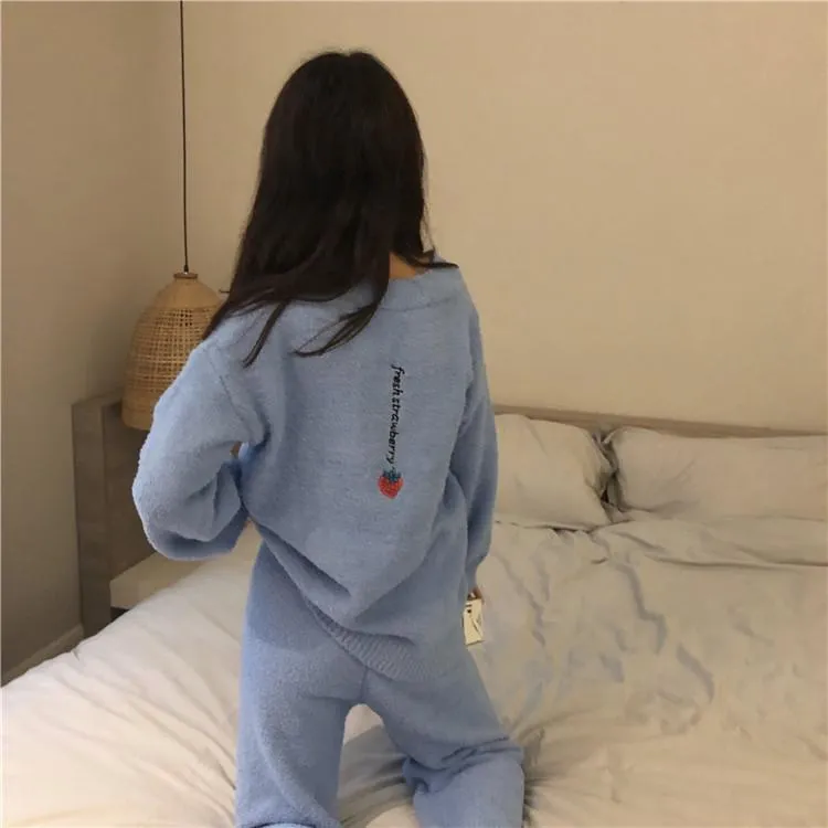 Plush Comfy Cute Embroideries Pajama Suit