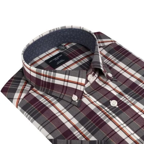 Purple Plaid 100% Cotton Down Collar Short Sleeve Shirts