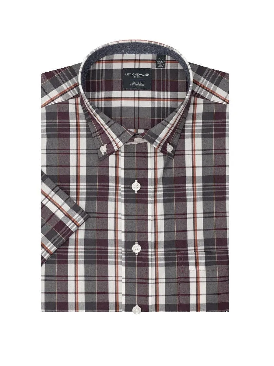 Purple Plaid 100% Cotton Down Collar Short Sleeve Shirts