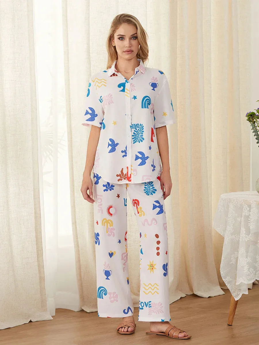 Short Sleeve Cartoon Print Button Shirt Pants Loungewear Casual Pajamas