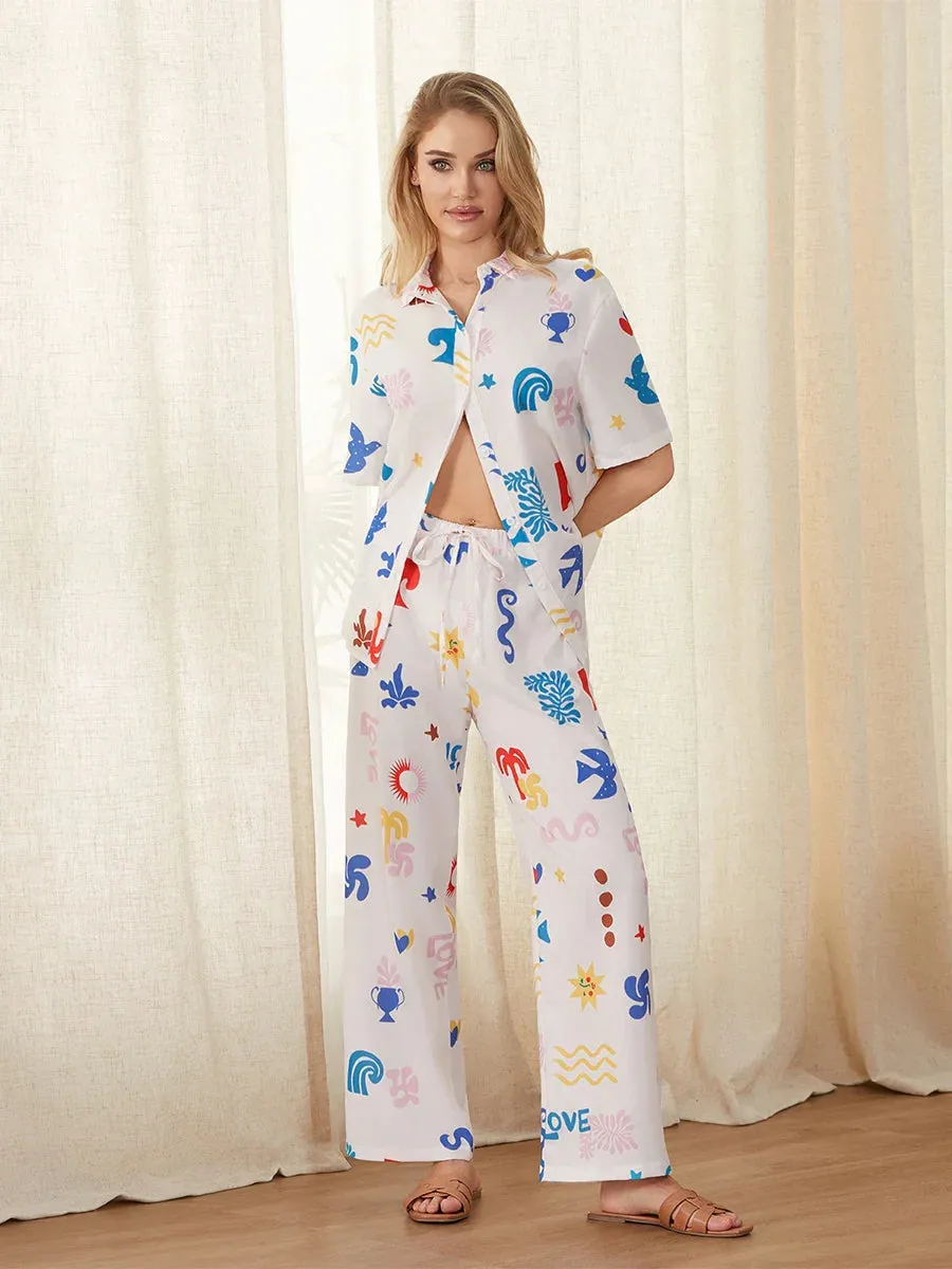 Short Sleeve Cartoon Print Button Shirt Pants Loungewear Casual Pajamas