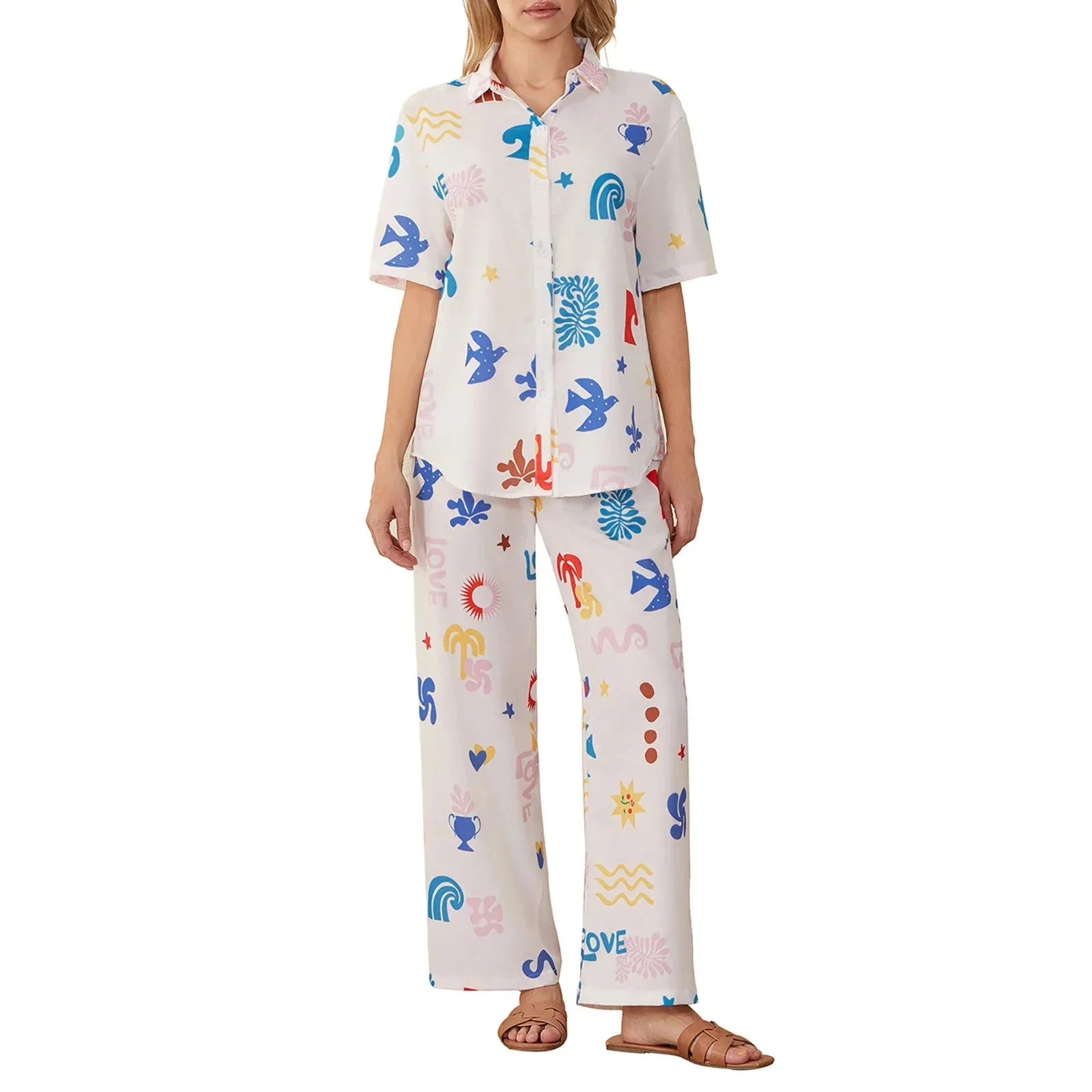 Short Sleeve Cartoon Print Button Shirt Pants Loungewear Casual Pajamas