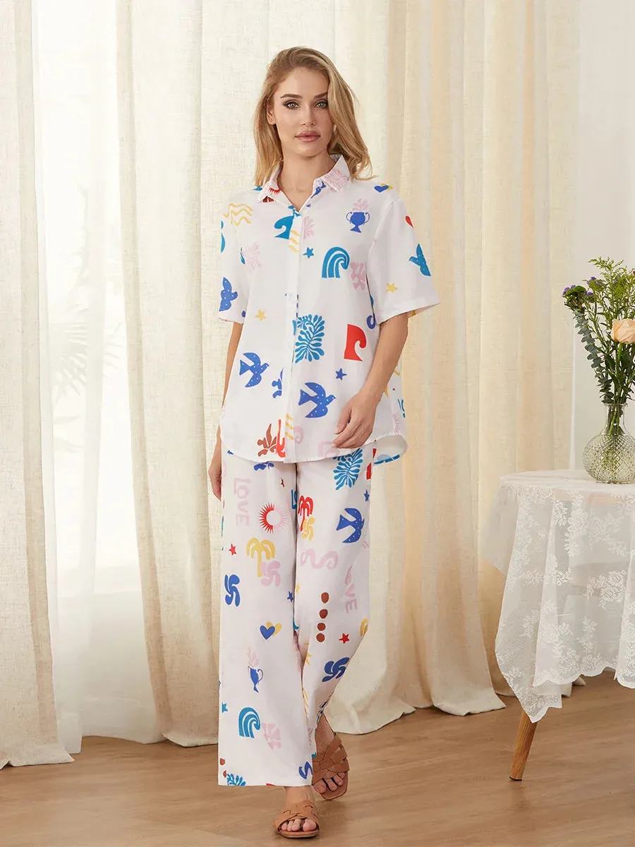 Short Sleeve Cartoon Print Button Shirt Pants Loungewear Casual Pajamas